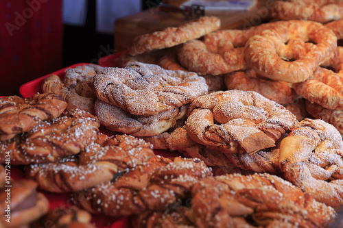 Sweets at Christmas fair. Traditional colorful and festive candies at the Market in Vienna in Austria. Selective focus. Bun