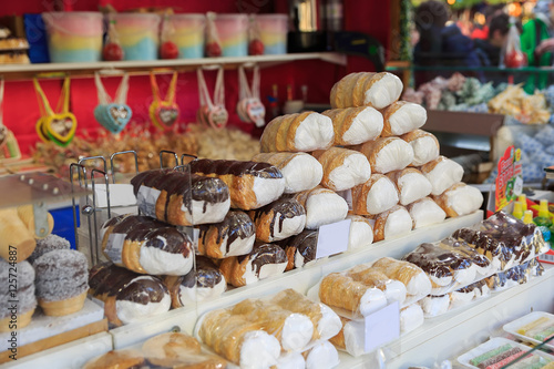 Sweets at Christmas fair. Traditional colorful and festive candies at the Market in Vienna in Austria. Selective focus. Bun