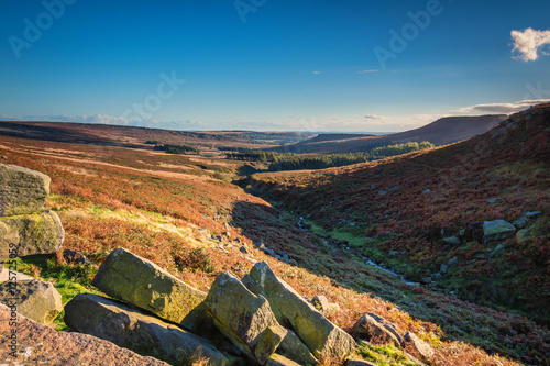 Burbage Brook and Higger Tor, the stream flows down it's valley, past the escarpment, in the Peak National Park, on a sunny day in autumn