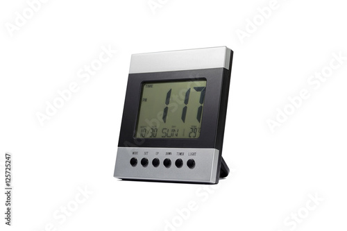 Modern design of the digital alarm clock isolated on white background.