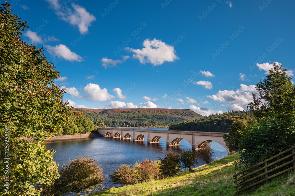 Ashopton Viaduct above Ladybower Reservoir, which are located in the Upper Derwent Valley, at the heart of the Peak District National Park
