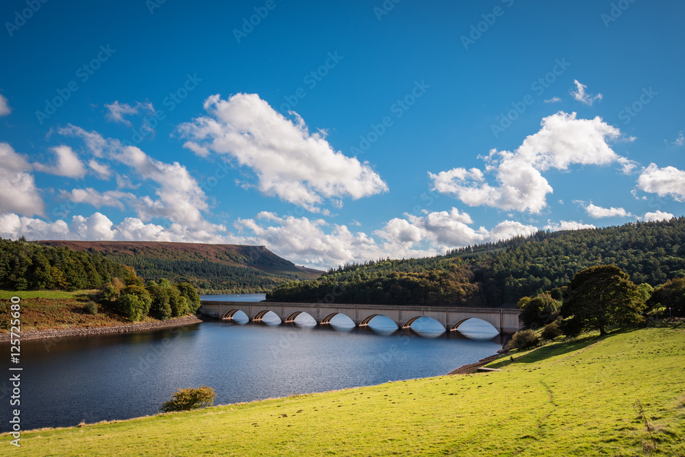 Naklejka premium Ladybower Reservoir and Bamford Edge, are located in the Upper Derwent Valley, at the heart of the Peak District National Park