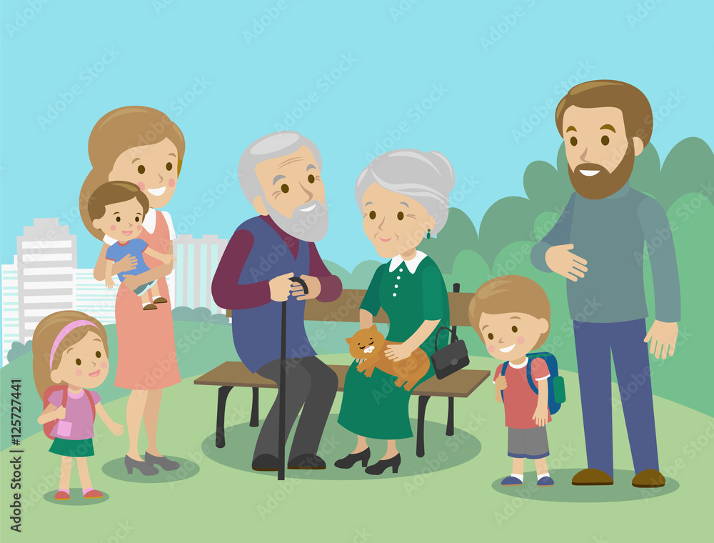 Big family characters with mother father grandmother grandfather kids baby child set. Vector. Familiar meeting in the park