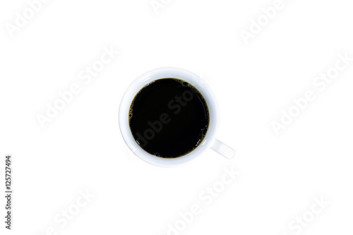 Top view of black coffee in a white ceramic isolated on white background.