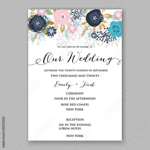 Wedding invitation template with watercolor winter flower christmas wreath pine branch  Baby shower invitation template with watercolor tropical flower wreath