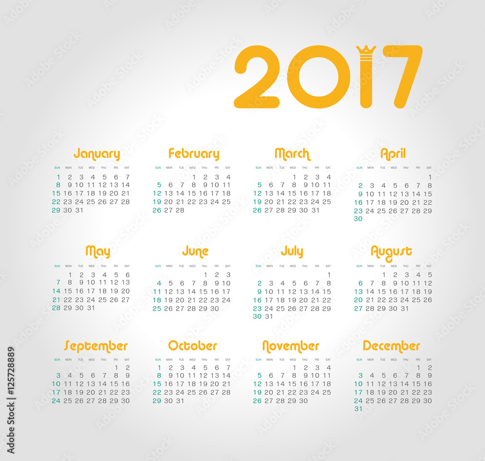 Vector Calendar 2017 year. Week Starts Sunday Vector Calendar 2017 year. Week Starts Sunday