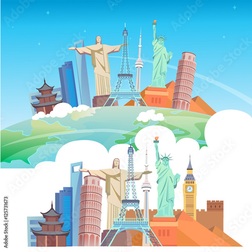 world famous attractions in flat design style