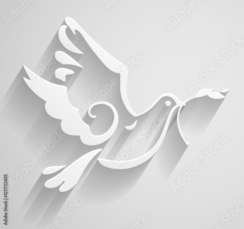 White Dove. Paper stylized Peace Dove with olive branch. Vector Illustration. EPS 10