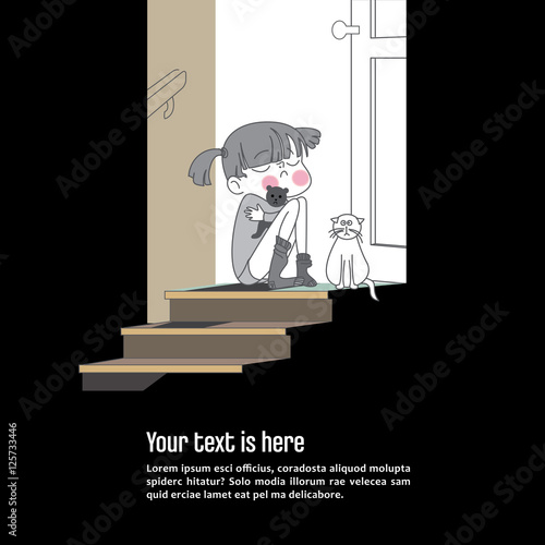 Lonely unhappy child sits in door steps facing darkness outside home. Cat shares sad mood. Concept.