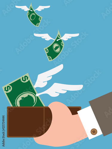 Money is sprouting wings and flying out of man's wallet