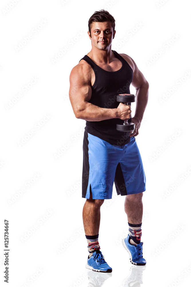 Sexy athletic man showing muscular body with dumbbells, full length, isolated over white background. Sexy athletic man showing muscular body with dumbbells, full length, isolated over white background.
