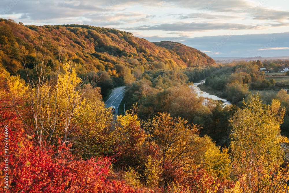 beautiful view of the road from a height. autumn