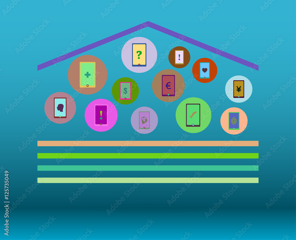 Fototapeta premium Technology network. Connected symbols for digital, connect, communicate, social media and global concepts. Background with lines, circles, integrate flat icons