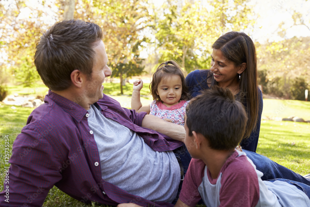 Young mixed race family relaxing together in a park Young mixed race family relaxing together in a park