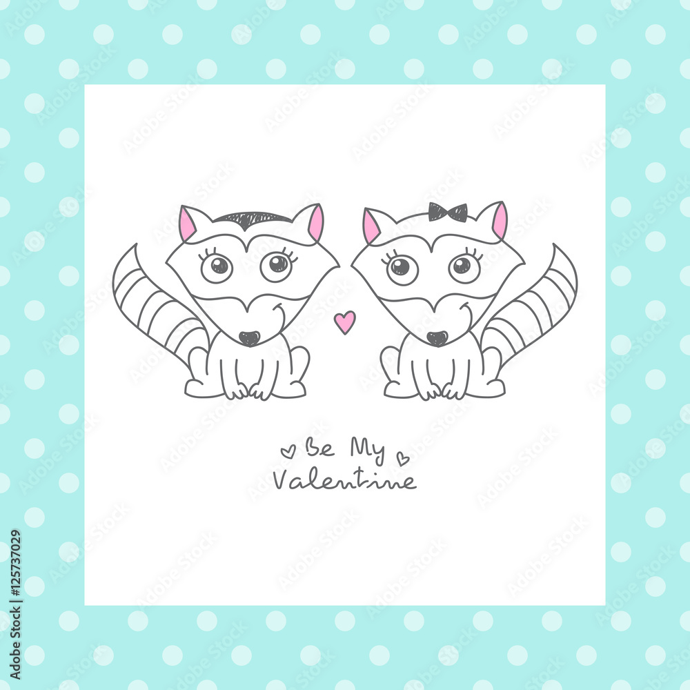 vector hand drawn raccoons couple, greeting card for valentines day vector hand drawn raccoons couple, greeting card for valentines day