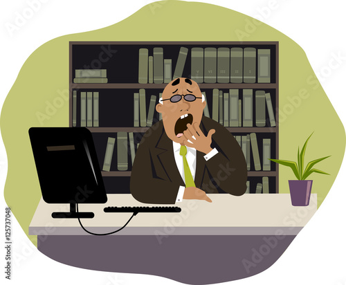 Yawning man sitting at his desk in the office, EPS 8 vector illustration