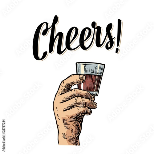 Male hand holding a glass with rum. Vintage vector engraving illustration for label, poster, invitation to party