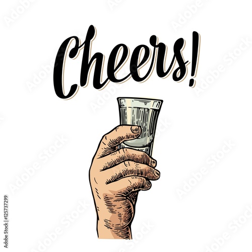 Male hand holding a glass with vodka. Vintage vector engraving illustration for label, poster, invitation to party