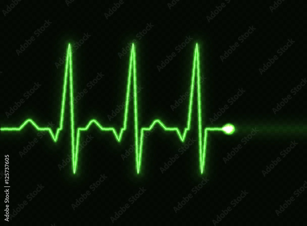 Green Heart pulse light transparent effect, electrocardiogram. Neon light line template. Graph background. Vector illustration