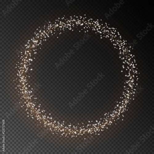 Circle with star, transparent light effect.Vector Backdrop with Abstract Bright Sparkling Golden Ring on Dark Background. Sparckle frame for your design.