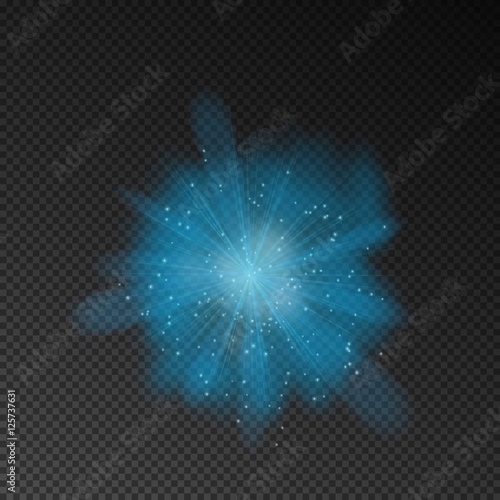 Blue explode effect. Glowing transparent light glitter effect isolated on dark background. Magic glow sparkling texture. Magical star dust sparks light effect in explosion. Vector Illustration