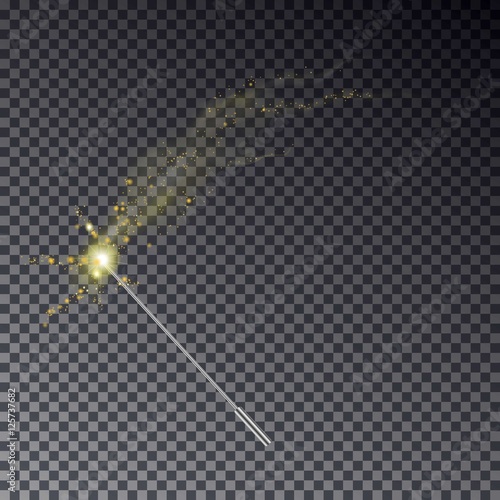 Vector illustration of magic wand. Isolated on black transparent background. Transparent light effect. Miracle magician wand magical  sparkle magic lights.