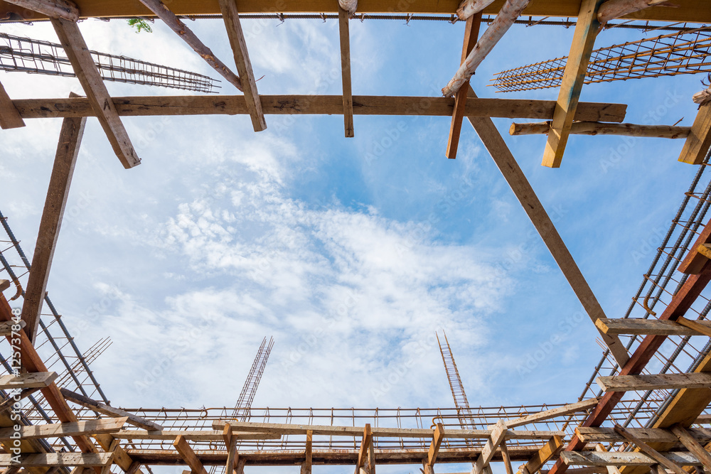 Concrete building site before pouring concrete low angle view
