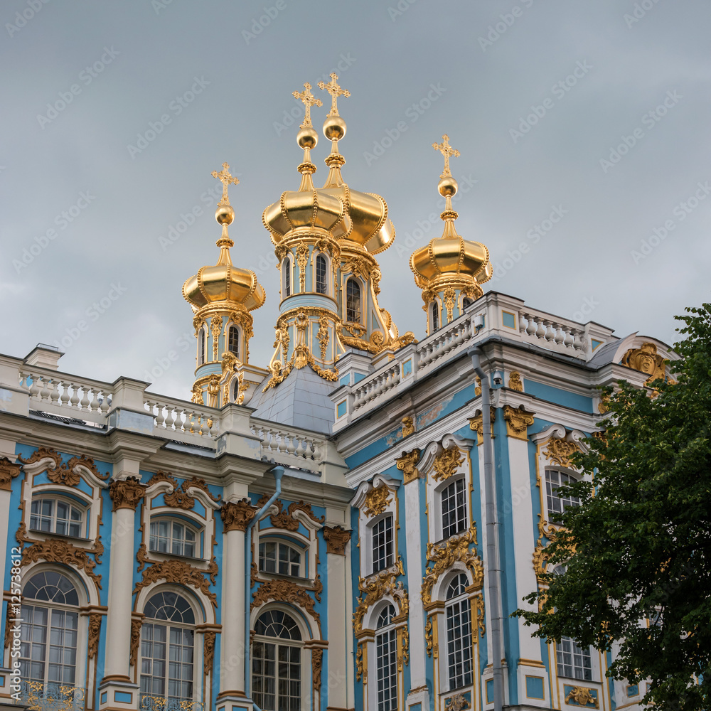 Golden domes of the Church in the Catherine Palace. Tsarskoye Selo, Russia