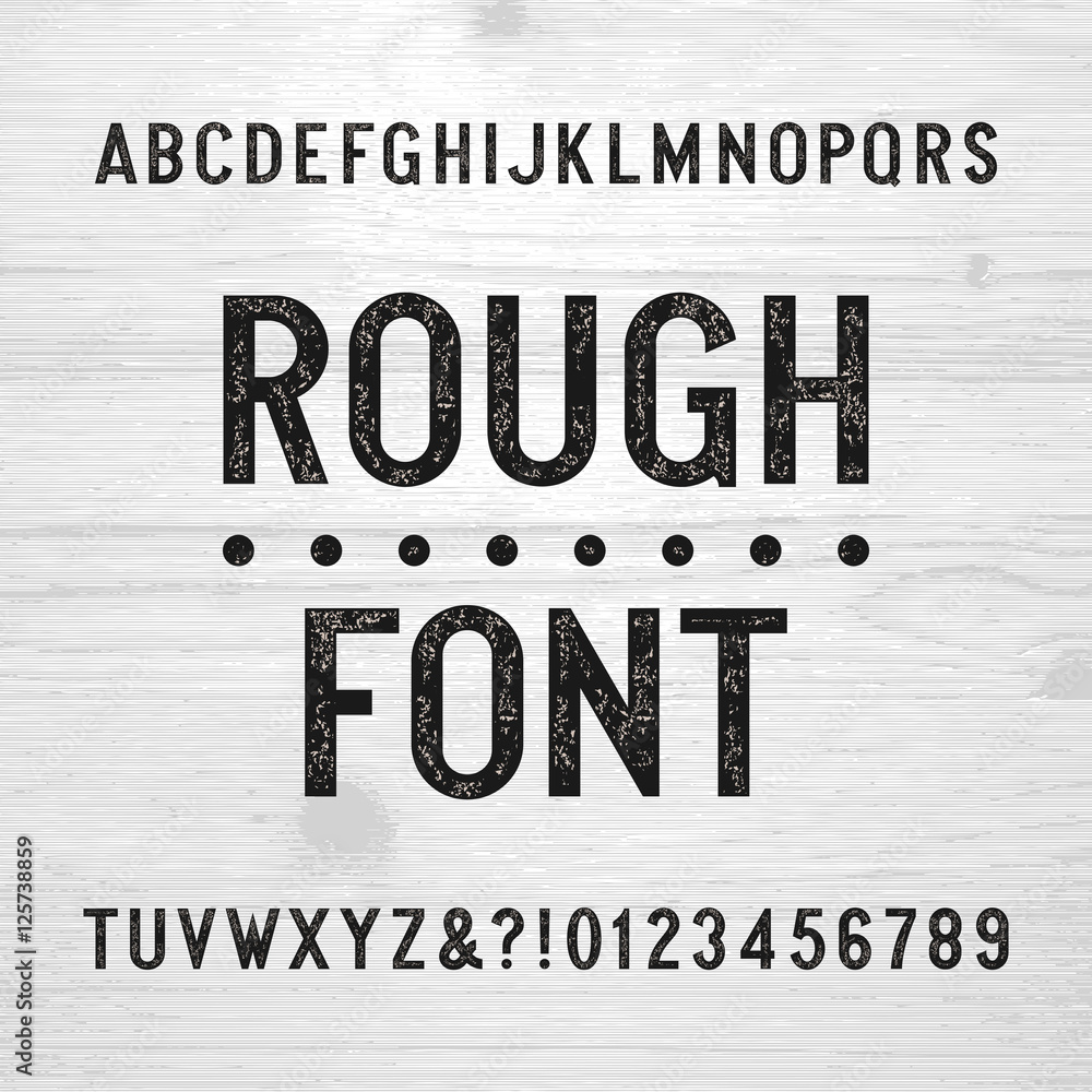 Rough alphabet font. Scratched type letters and numbers on a wooden ...