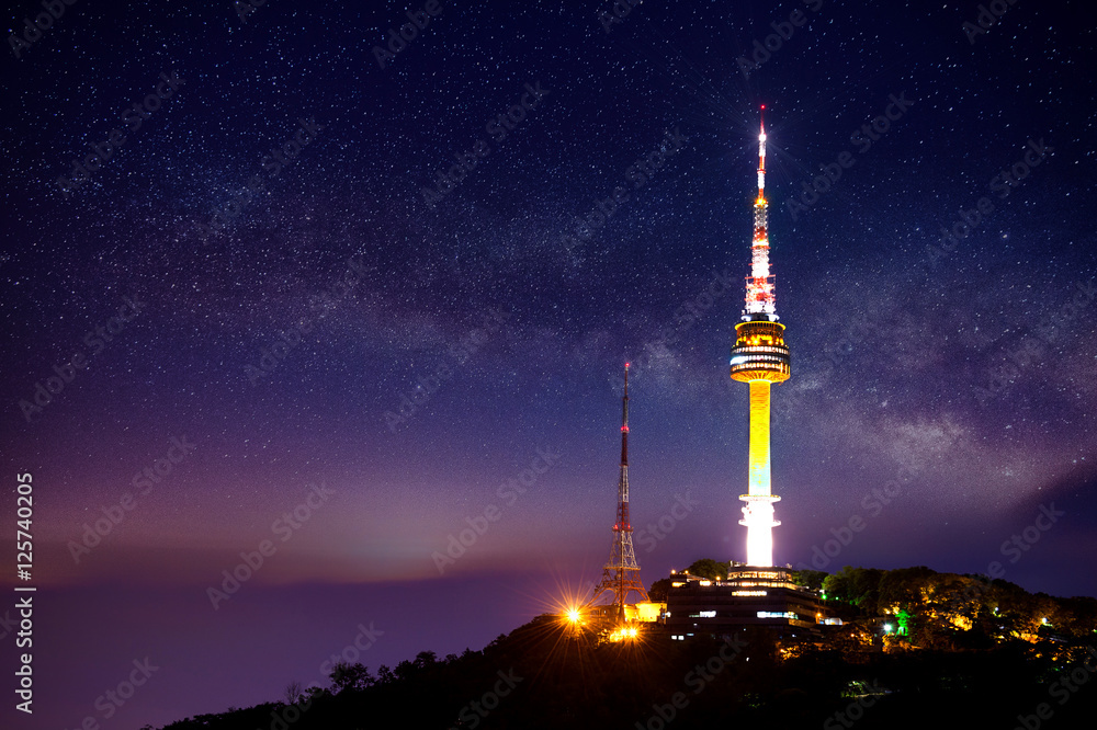 Seoul tower with Milky way at night.Namsan Mountain in korea