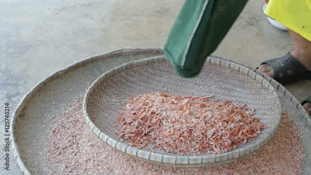 pouring dried shrimp from the green sack, and winnowing to separate