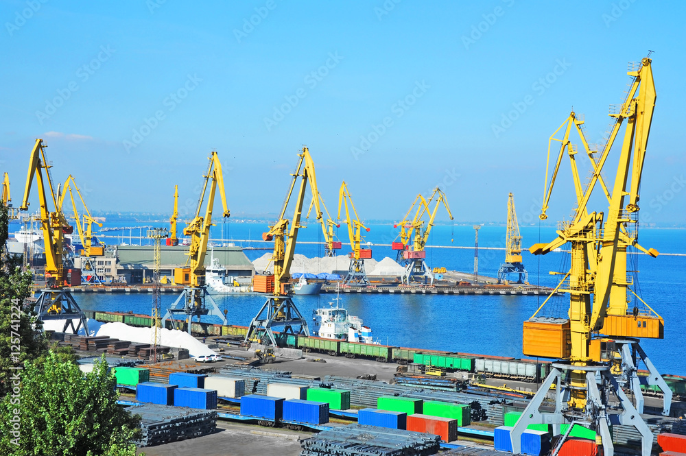 Fototapeta premium Port cargo crane and railroad