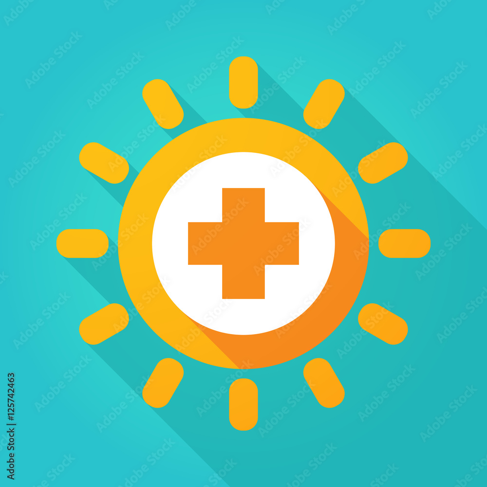 Obraz premium Long shadow bright sun icon with a round pharmacy sign