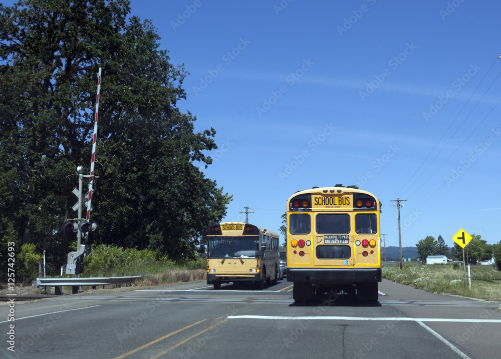 School Buses at Railroad Crossing