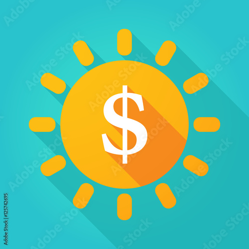 Long shadow bright sun icon with a dollar sign