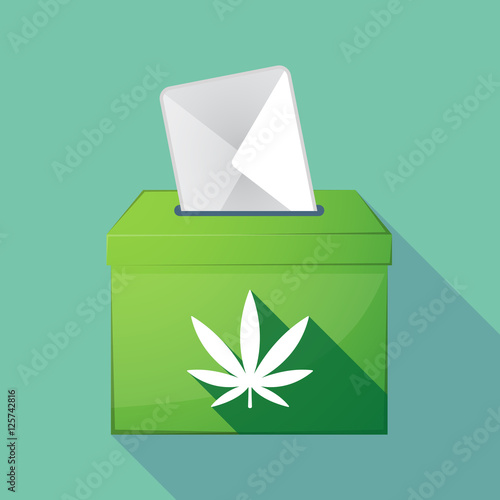 Long shadow coloured ballot box icon with a marijuana leaf