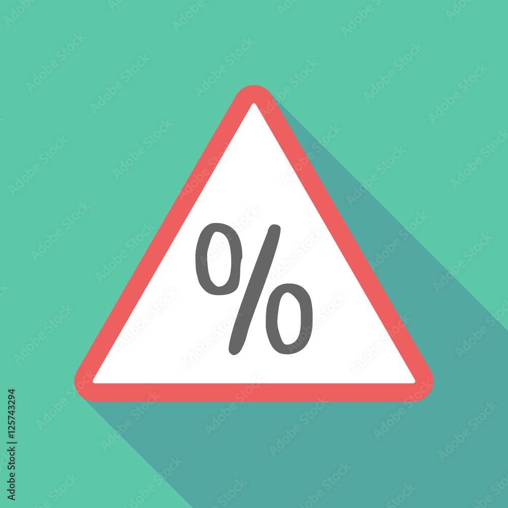 Long shadow triangular warning sign icon with a discount sign Long shadow triangular warning sign icon with a discount sign