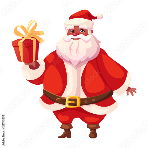 African american flat santa holds christmas gift