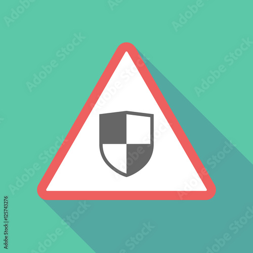 Long shadow triangular warning sign icon with a shield