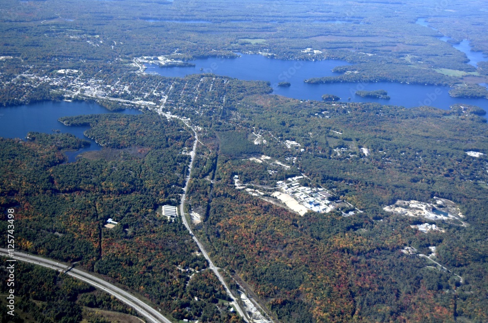  aerial view of  Gravenhurst in the Muskoka region of Ontario, Canada 