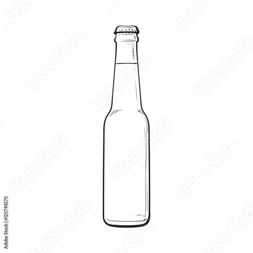 Bottle of cold beer, sketch style vector illustration isolated on white background. Hand drawn frosty bottle of ice cold beer, lager, ale, Oktoberfest symbol