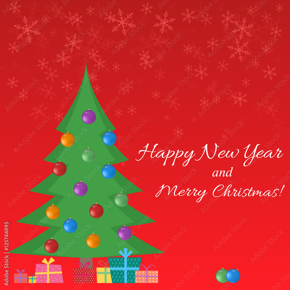 Christmas tree with balls and new year gifts. Snowflakes on a red background. Vector illustration.