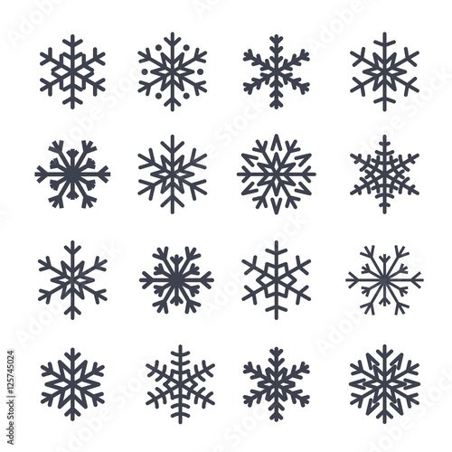 Snowflake icons set. Gray silhouette snowflakes signs, isolated on white background. Flat design. Symbol of winter, snow, Christmas, New Year holiday. Graphic element decoration Vector illustration
