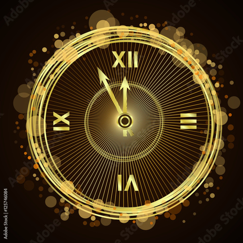 Gold christmas magic clock background. Golden shiny design with sparkles and glitter. Decoration for card, greeting. Symbol of Happy New Year 2017 holiday, countdown. Vector illustration