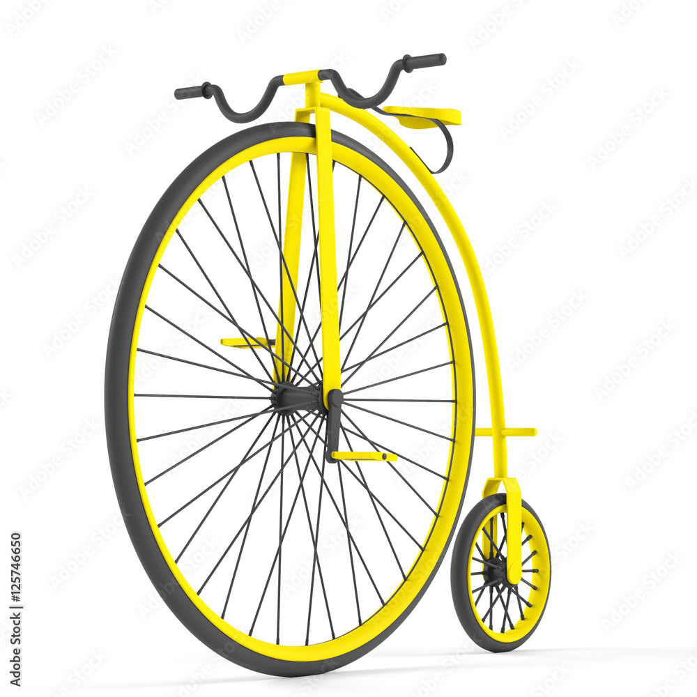 Bicycle with a large front wheel on a white background. 3D illustration Bicycle with a large front wheel on a white background. 3D illustration
