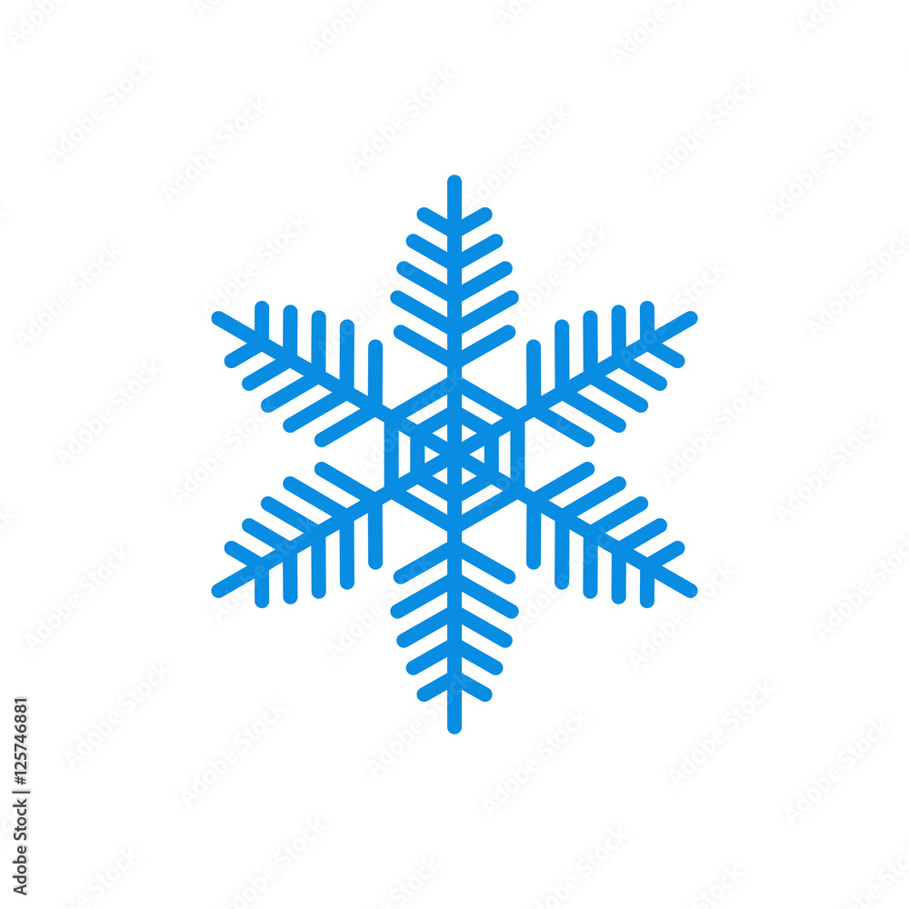 Snowflake icon. Blue silhouette snow flake sign, isolated on white background. Flat design. Symbol of winter, frozen, Christmas, New Year holiday. Graphic element decoration. Vector illustration