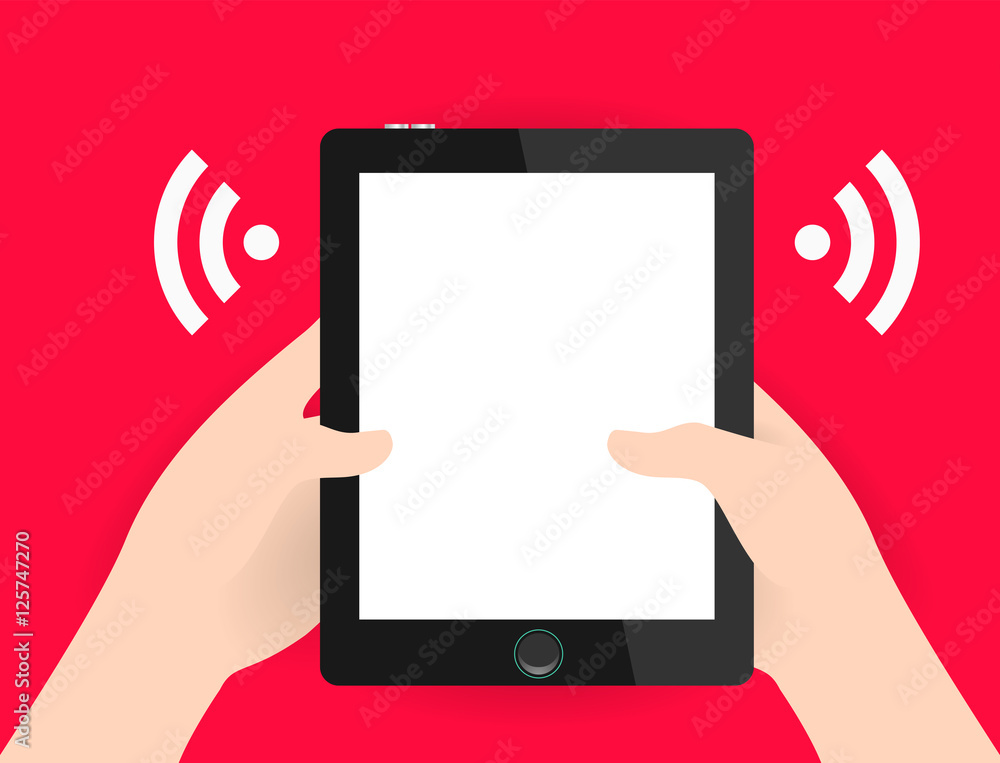 Hand holding modern black colored tablet Hand holding modern black colored tablet