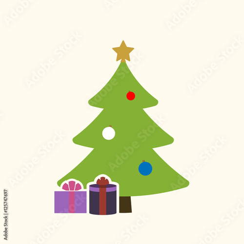 Christmas tree with balls  star  gift. Cartoon icon. Green silhouette decoration sign  isolated on white background. Flat design. Symbol holiday  Christmas  New Year celebration Vector illustration