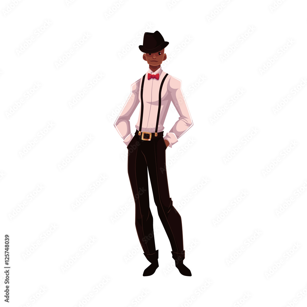 African American groom, fiance, just married man, cartoon vector illustration isolated on white background. Black groom in fashionable clothing getting married