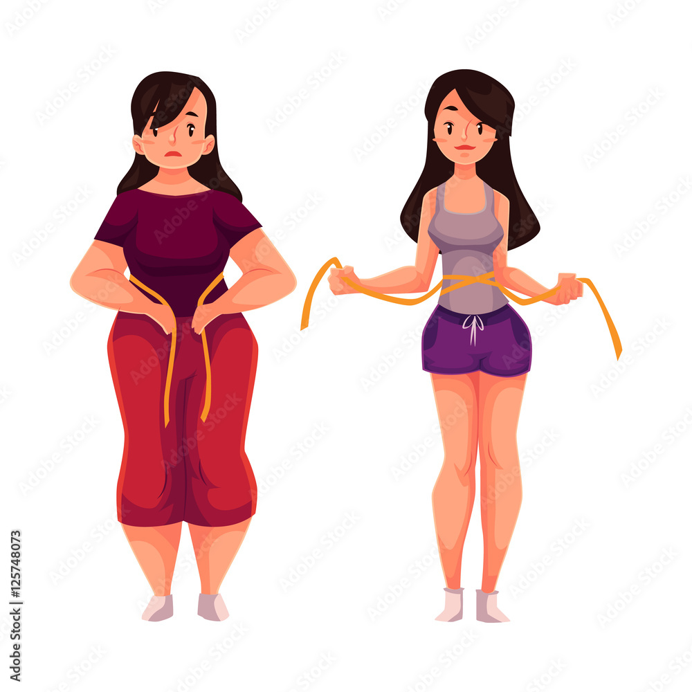 Woman measuring waist before and after loosing weight, cartoon vector illustration isolated on white background. Overweight and athletic version of young woman measuring herselves Woman measuring waist before and after loosing weight, cartoon vector illustration isolated on white background. Overweight and athletic version of young woman measuring herselves